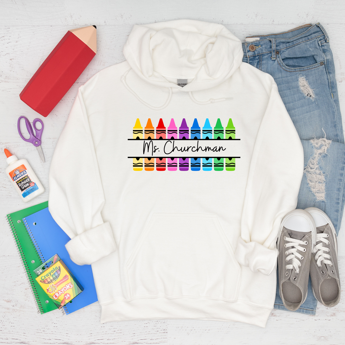 Hoodie, Teacher Gift, Crayons & Name